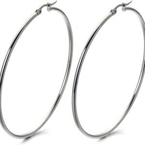 Large Silver Stainless Steel Plain Circle Huggie Hoop Earrings for Women, Hinged